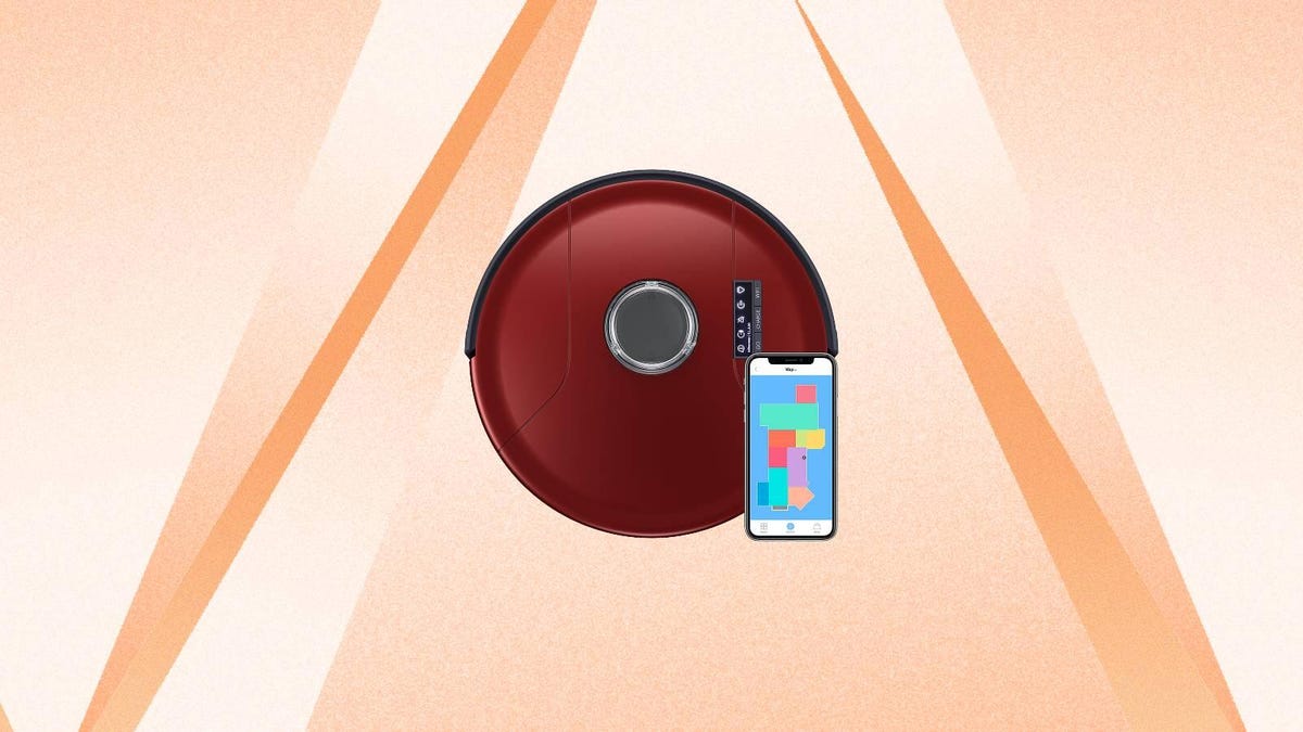 A red robot vacuum and a smartphone against an orange background.