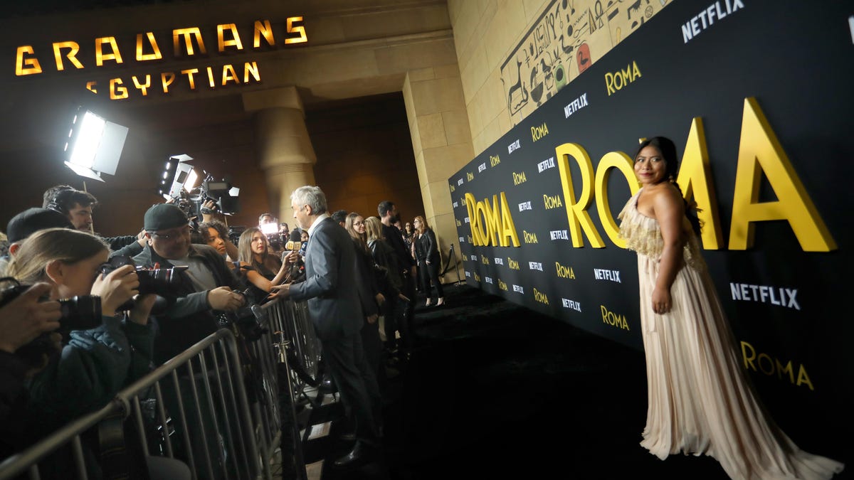 Actress Yalitza Aparicio poses for flashing cameras on the red carpet in courtyard of the Egyptian theater