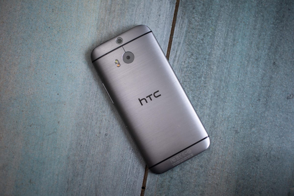 The back of an HTC M8 phone