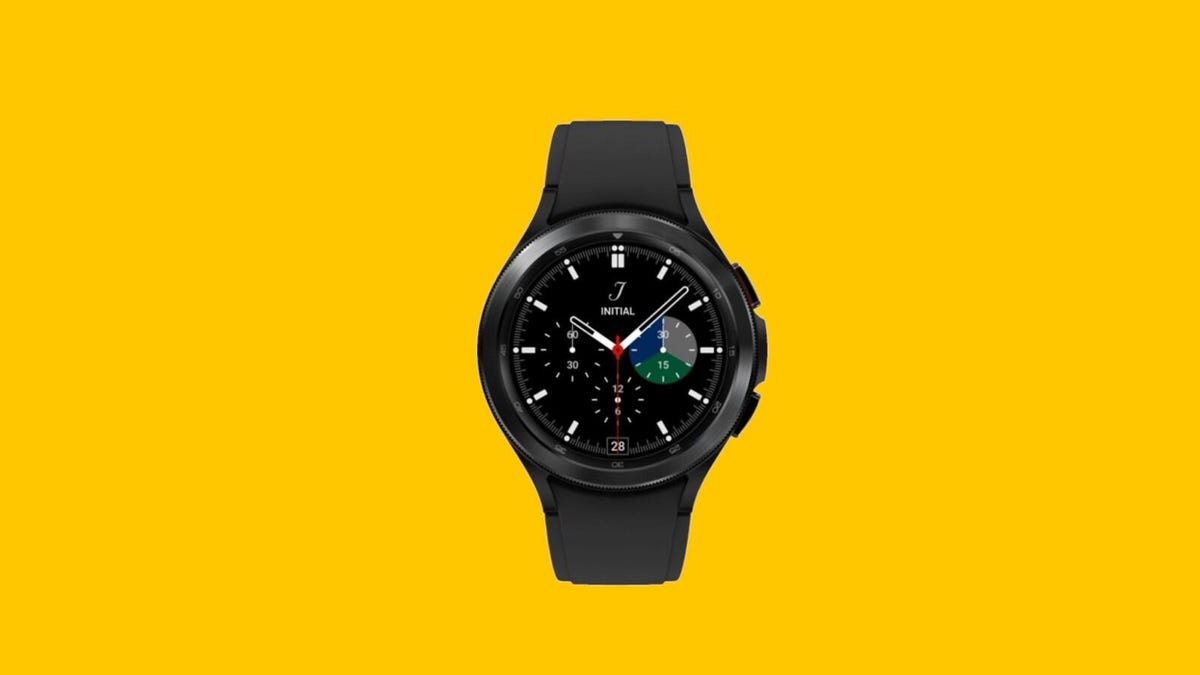 Close up of a Samsung Galaxy Watch 4 on a yellow background
