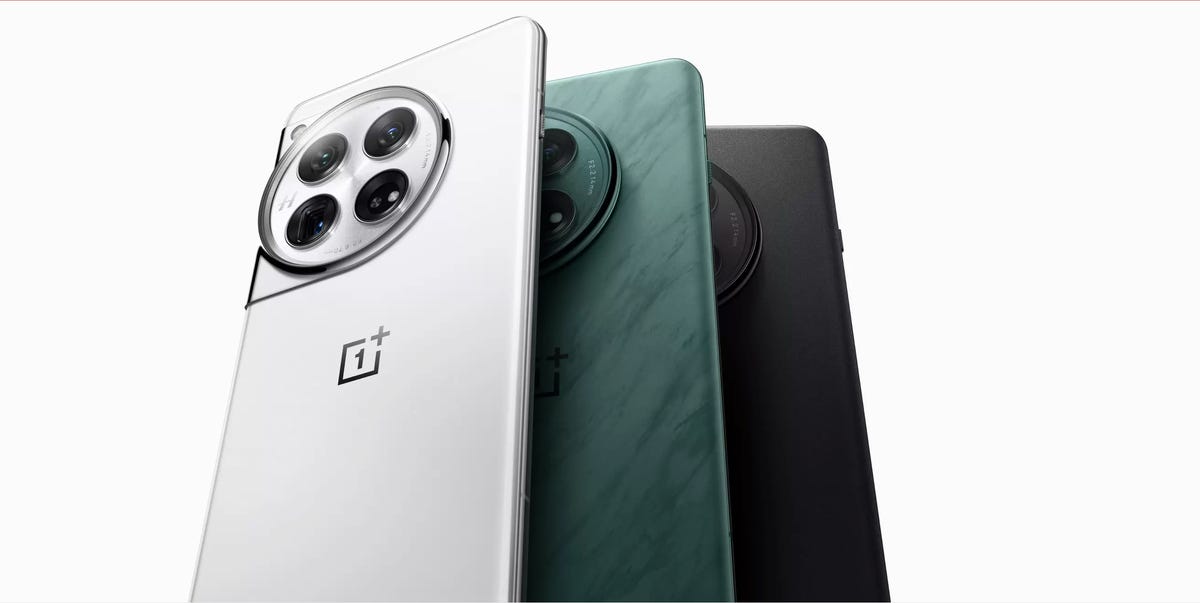 Three OnePlus 12 phones are featured, all with different colors: white, green and black.