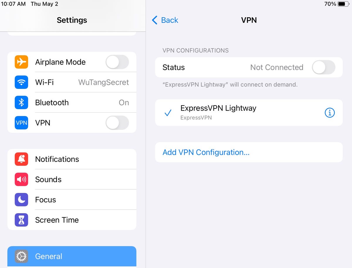 A VPN turned off in the settings menu on iOS or iPadOS