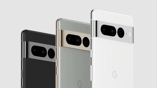 three Pixel 7 phones, in black, silver and white