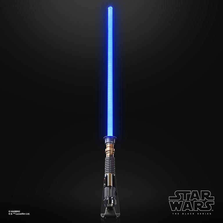 Obi-Wan Kenobi Force-FX Elite lightsaber with blue blade against a black background