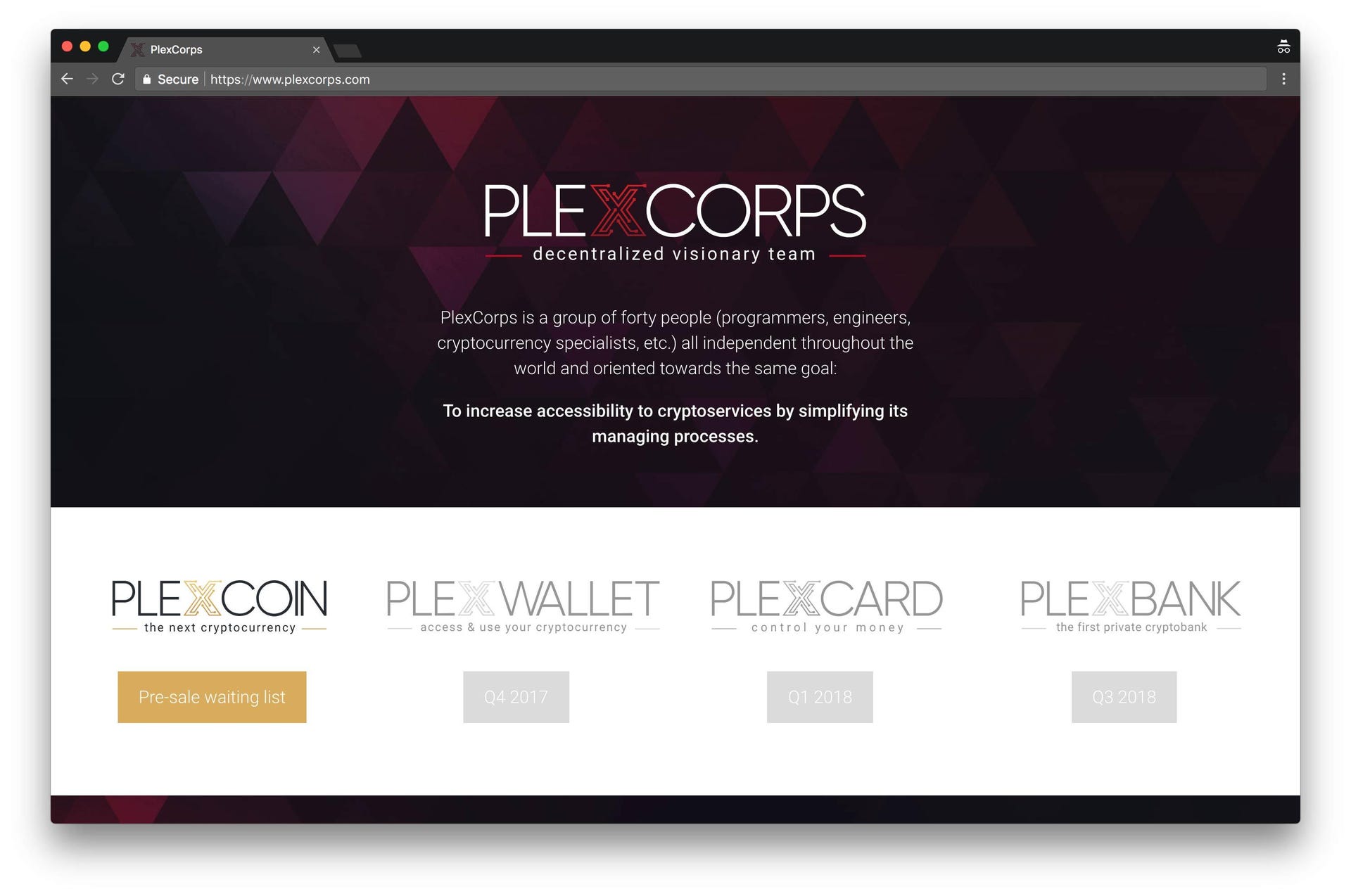 The PlexCorps website shows various cryptocurrency-based services, but the US SEC says the company is a fraud.