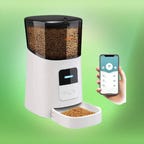 The Wopet smart pet feeder is displayed against a green background.
