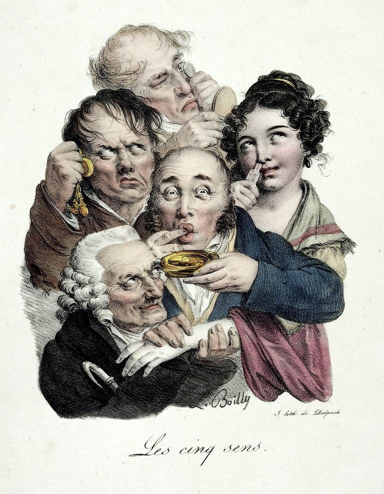 Lithograph by French artist Louis-Léopold Boilly of people exercising the five senses.