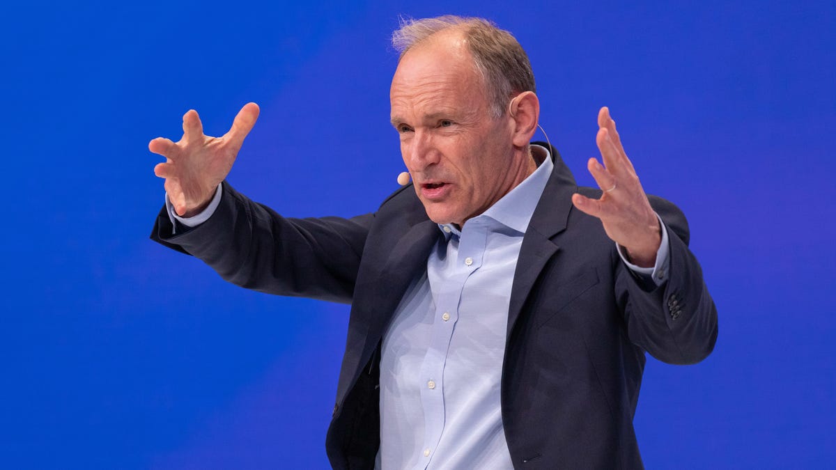 World wide web inventor Tim Berners-Lee speaks at a 2019 conference.