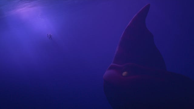 Deep in a purple-hued ocean lies a massive sea beast with a huge horned head. He's looking at a diver