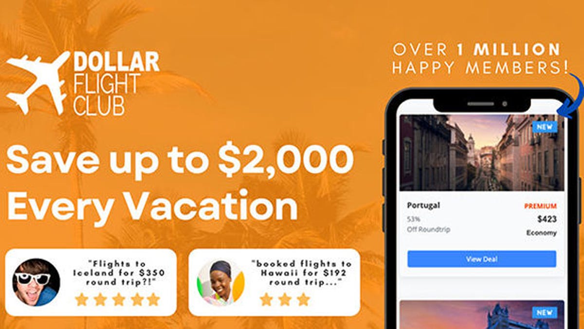 Dollar Flight Club Promo "Save up to $2,000 every vacation." A phone shows flight deals on the app.