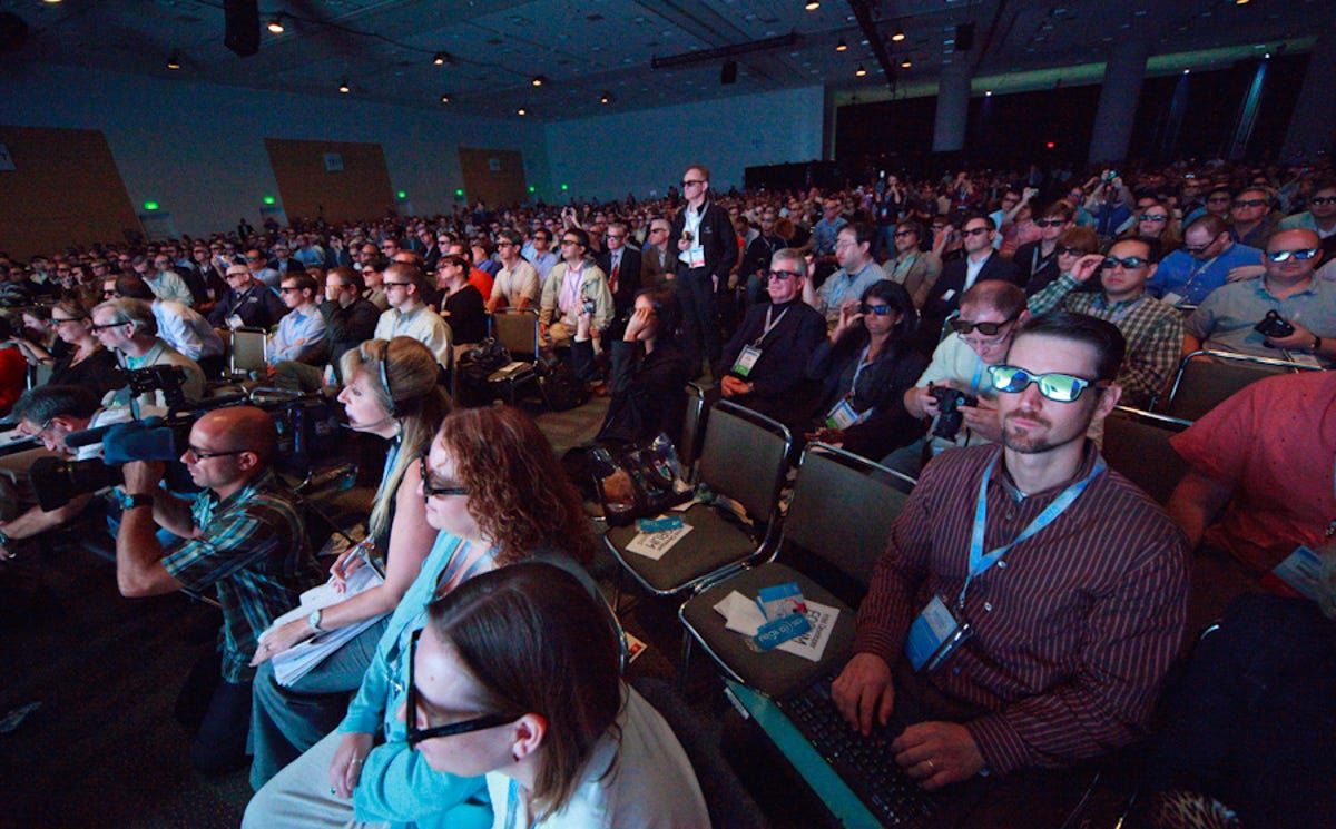 A demonstration of live three-dimensional video required the IDF audience to don RealD's 3D glasses.