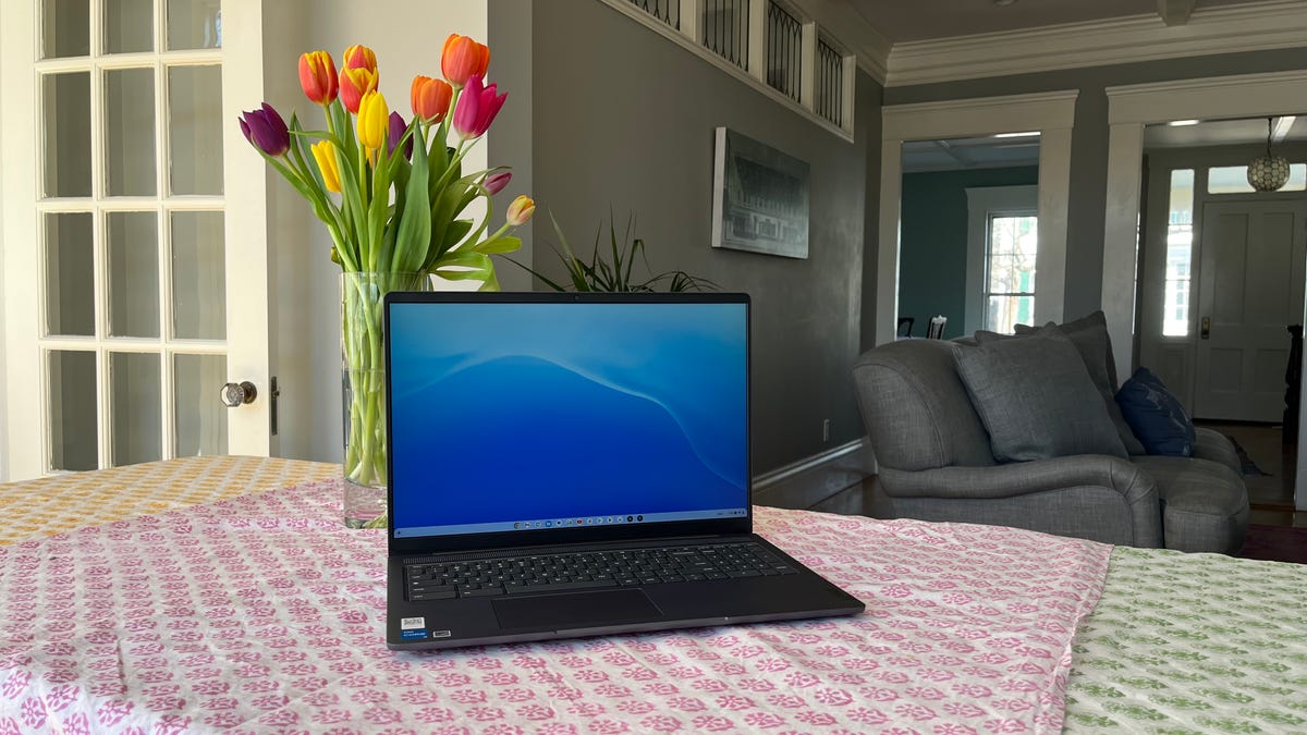 Lenovo IdeaPad 5i Chromebook next to a vase of tulips