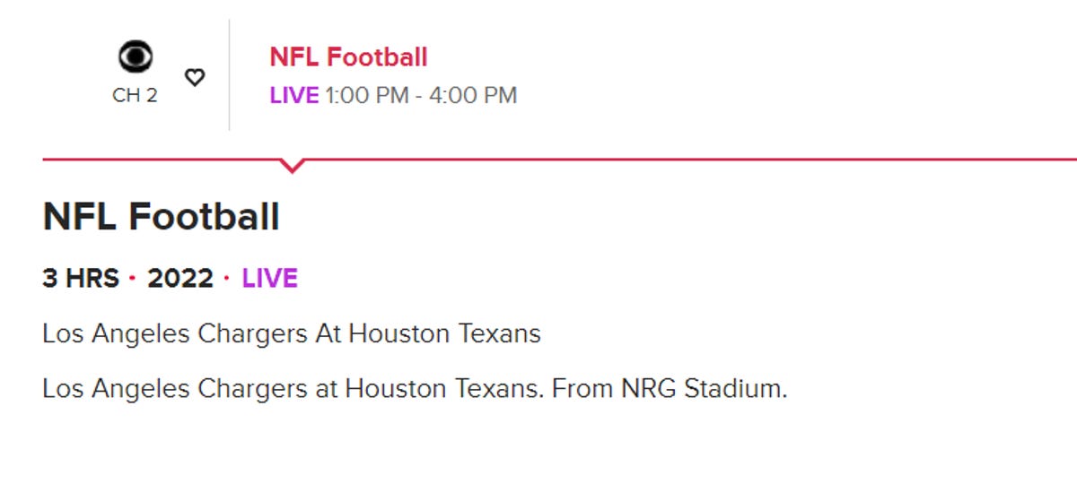 Un guide des programmes montrant le match Chargers vs Texans sur CBS.