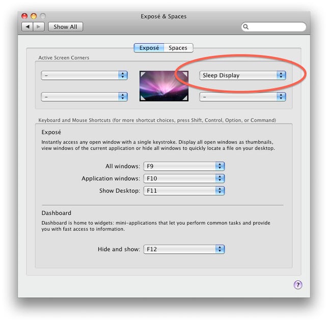OS X Hot Corner settings