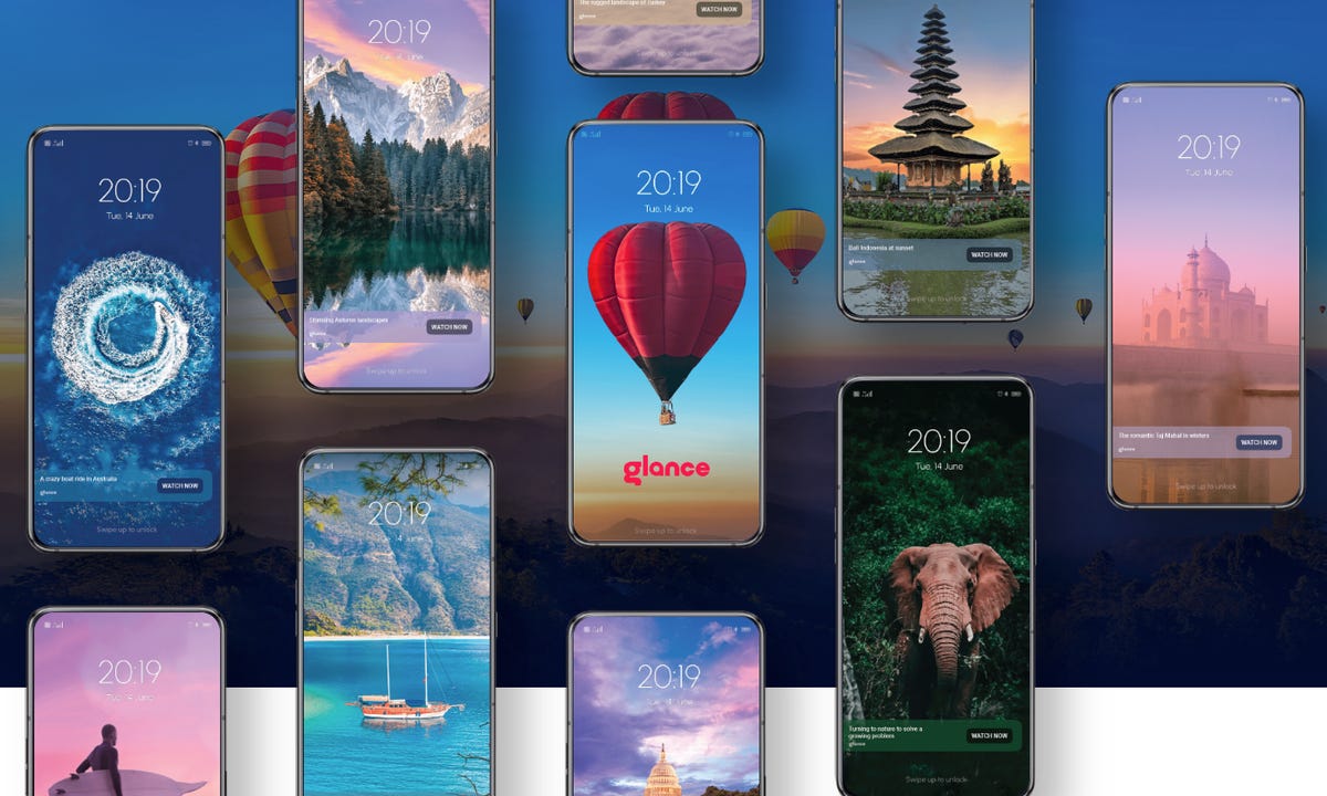 A screenshot of Glance's website showing lock screens on a number of phones