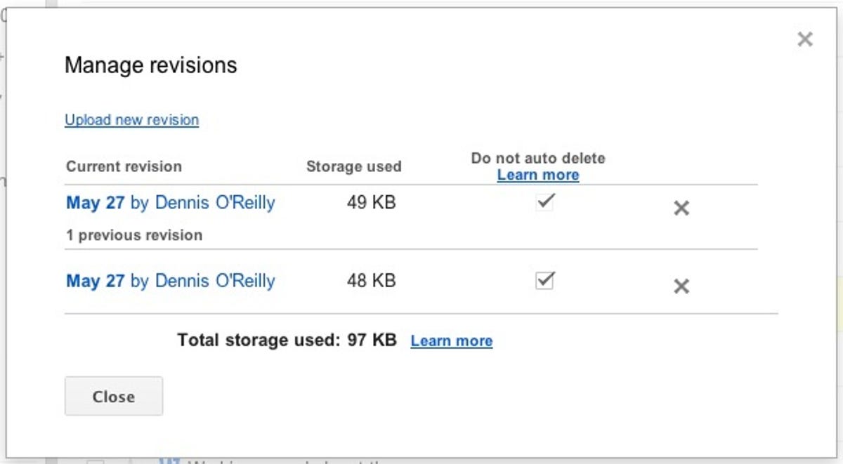 Google Drive Manage revisions options