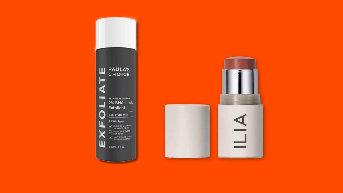 Cleanser and a bronzer stick on an orange background