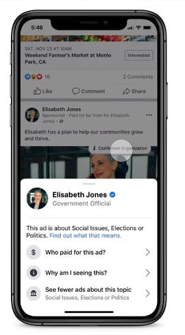 Facebook notice about political ads