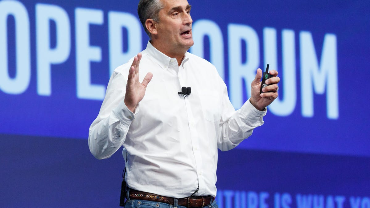 Intel CEO Brian Krzanich on stage at the IDF developer conference in 2016. Krzanich said updates will be available for 95 percent of systems affected by the Spectre and Meltdown vulnerabilities by the end of next week.