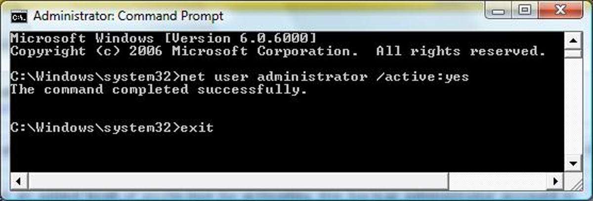 The Command Prompt text used to activate Windows Vista's back-up administrator account