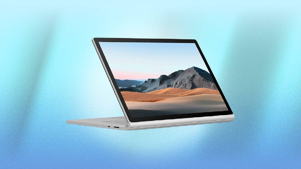 A Microsoft Surface Book 3 against a blue background.