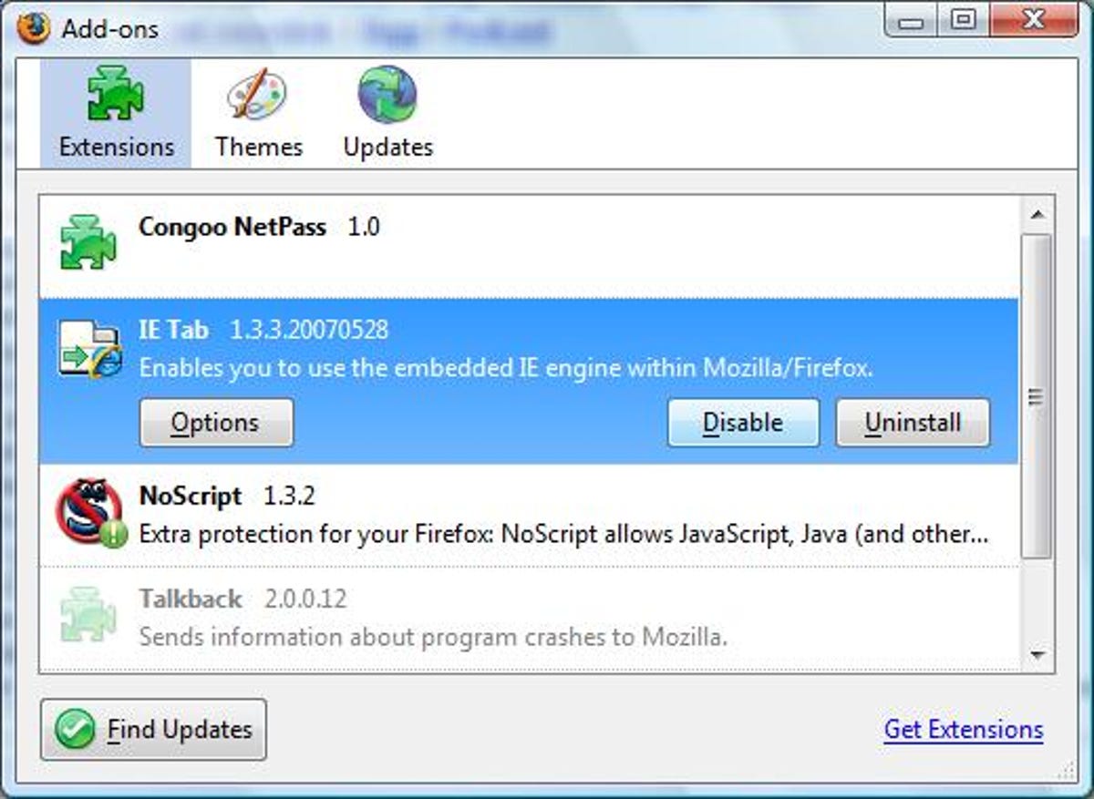 Mozilla Firefox Add-ons dialog box