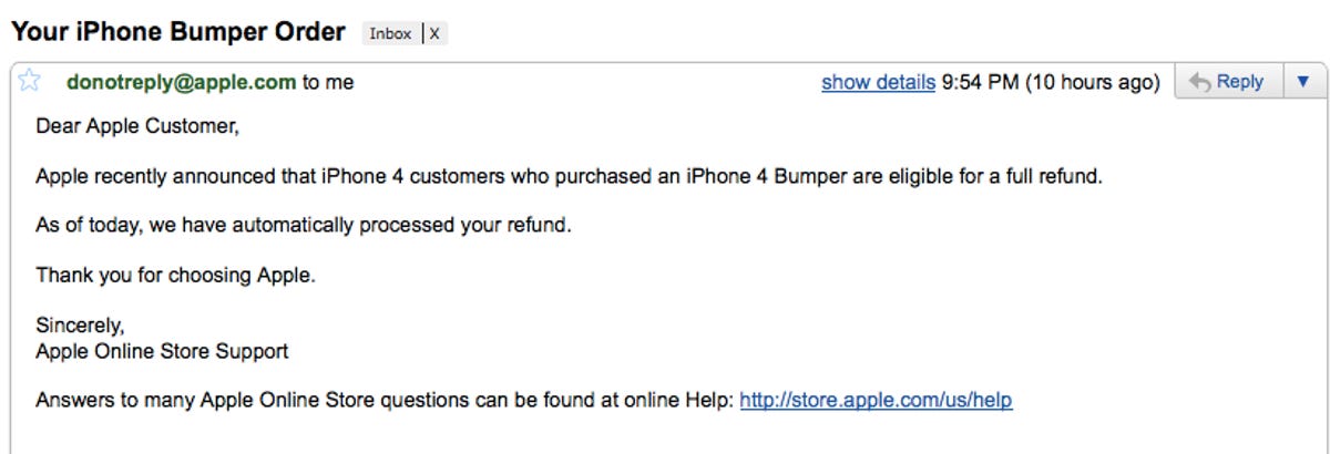 An iPhone 4 bumper refund e-mail.