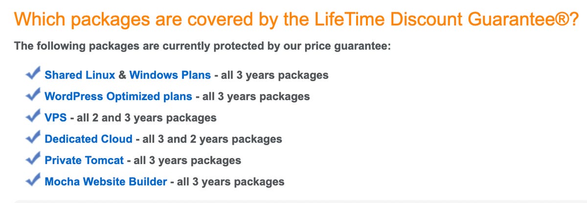 Mochahost plans that qualify for the LifeTime Discount Guarantee