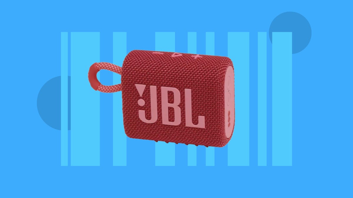 The JBL Go 3 portable speaker is displayed against a blue background.
