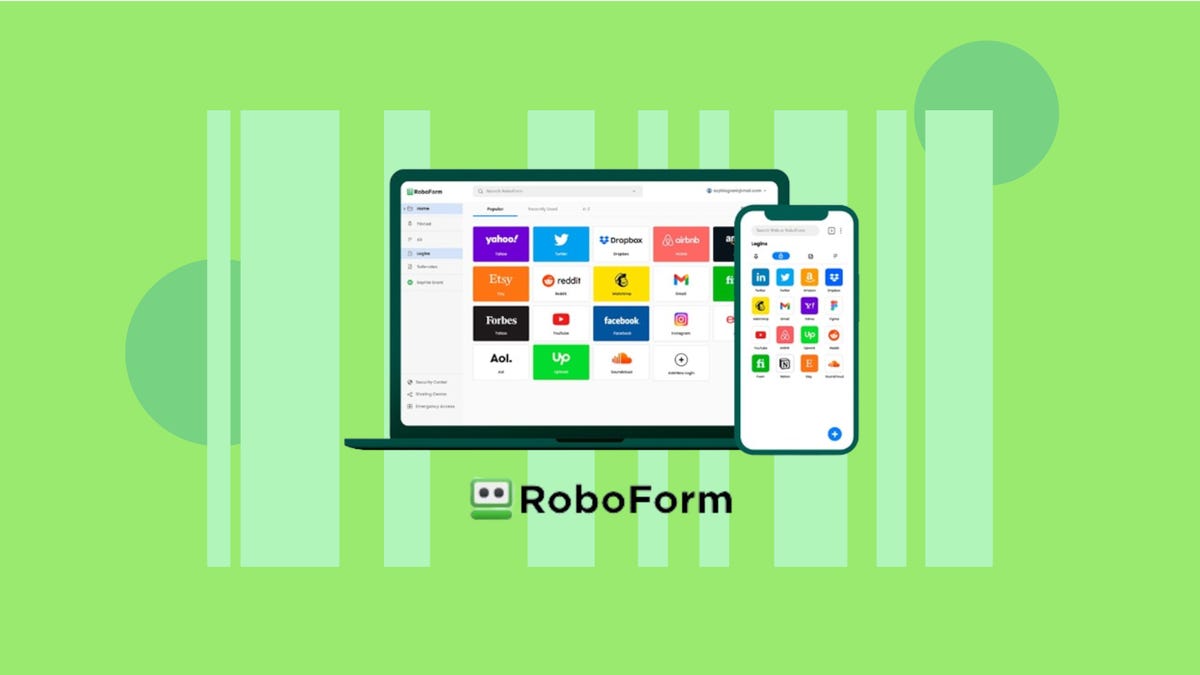 The RoboForm logo and an image showing the platform on both a laptop and phone are displayed against a green background.