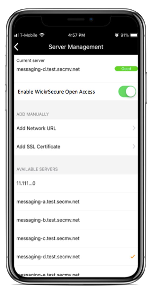 screenshot of an iPhone with Wickr's user settings open, showing a toggle button for WIckrSecure Open Access.