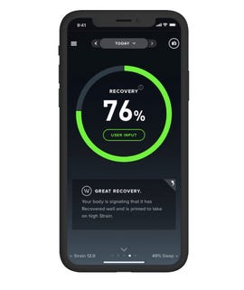Phone screen showing "Recovery 76%. Great recovery. Your body is signaling that it has recovered well and is primed to take on high strain."