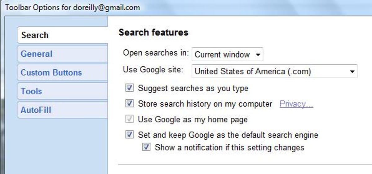 Google Toolbar Search options