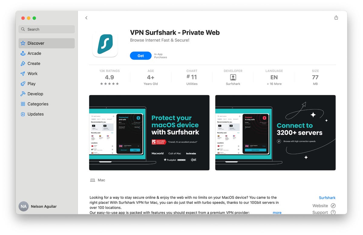 The Surfhshark VPN app in the Mac App Store.