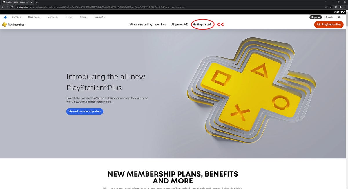Playstation Plus web page with Getting Started circled in the site navigation