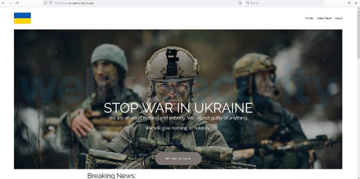 A scam website with the wording "Stop War in Ukraine"