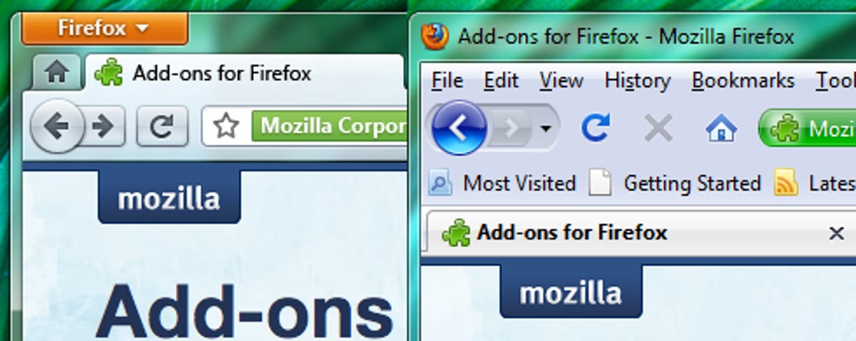 A mock-up of Firefox 4.0, left shows the orange app button above the tab strip. To the right is the Firefox 3.5 look.