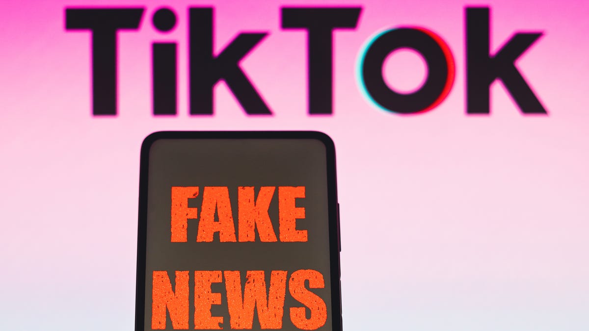 A smartphone displays the words "fake news." A TikTok logo hovers behind the phone.