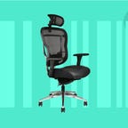 Black office chair with headrest on a barcode background