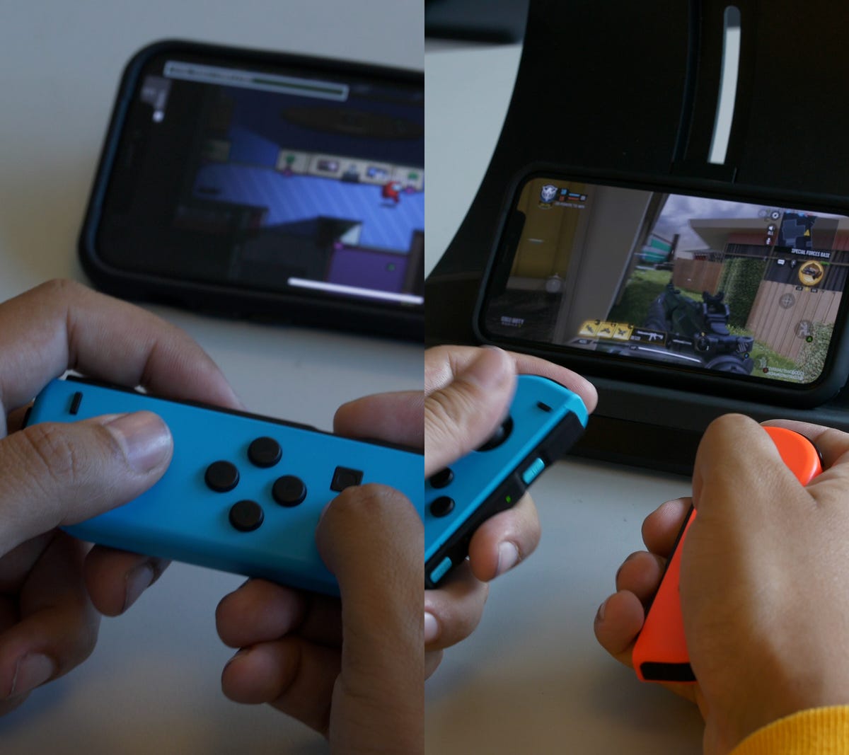 Joy-Con controllers being used to play games on the iPhone