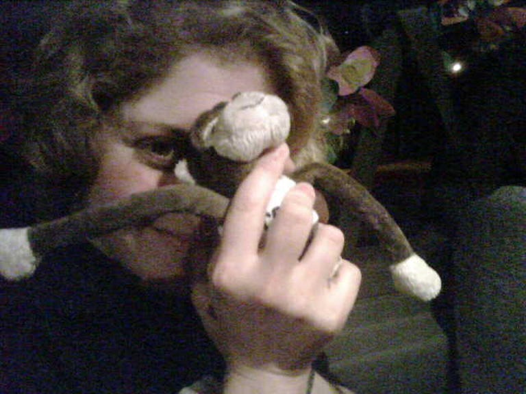 Marjorie Kase plays with a stuffed monkey, one of the cuter pieces of Web 2.0 Expo shwag.