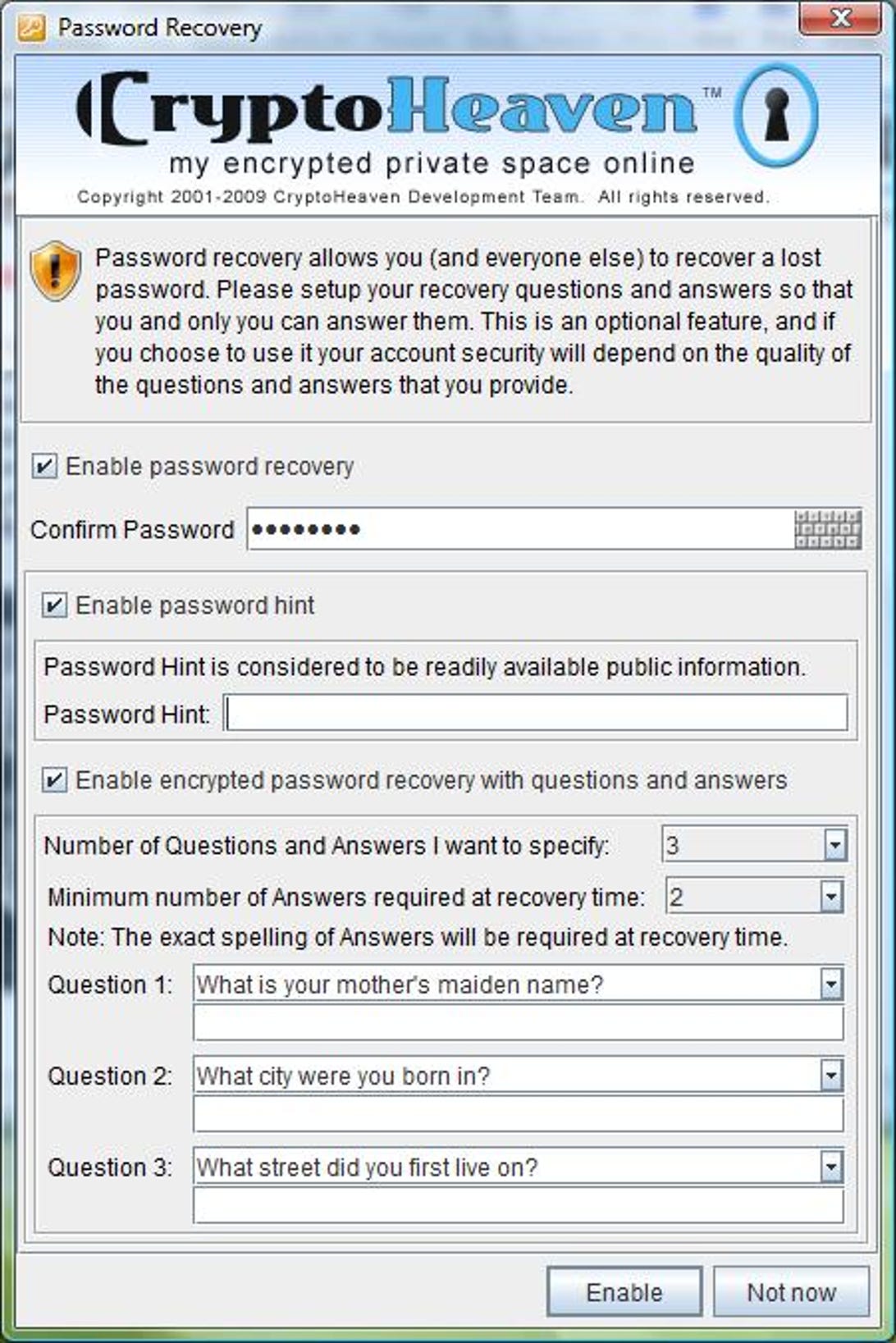 CryptoHeaven Password Recovery dialog box