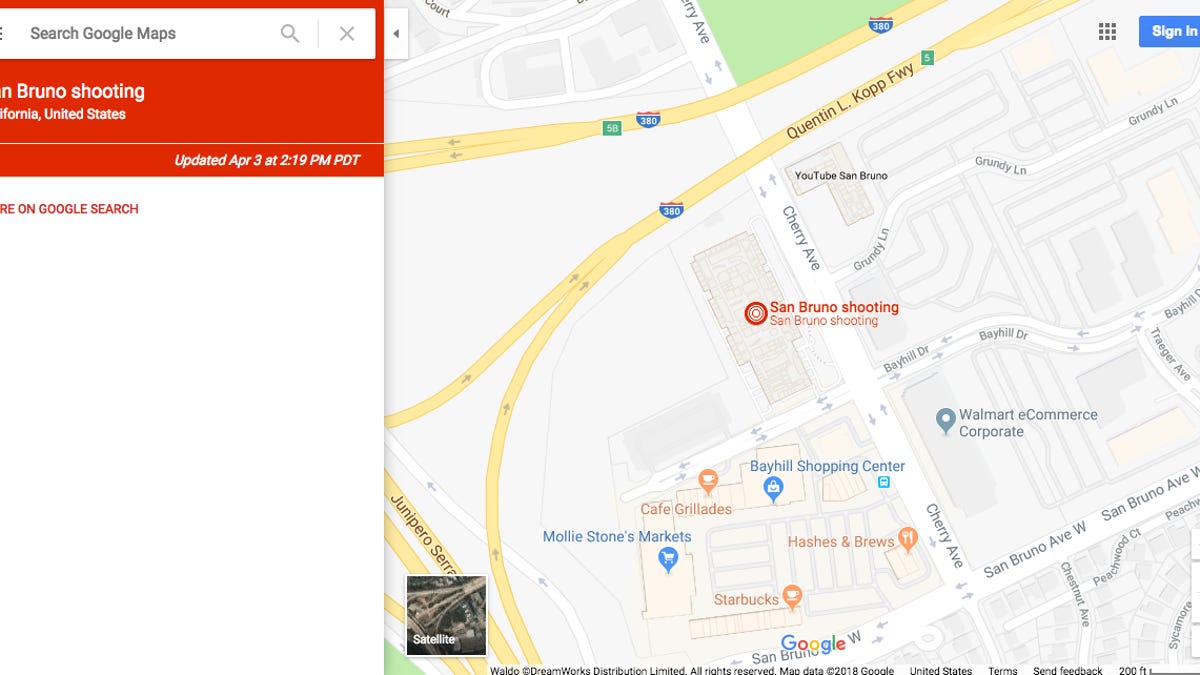 A screenshot of Google Maps showing a red icon marking "San Bruno Shooting"