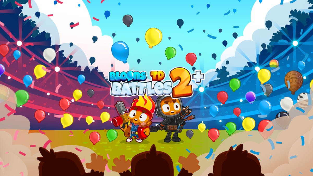 Bloons TD Battles 2 title card showing two monkeys in an arena full of balloons
