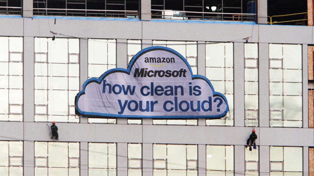 Greenpeace makes a splash in Seattle by hanging this sign off a building near Microsoft and Amazon offices.
