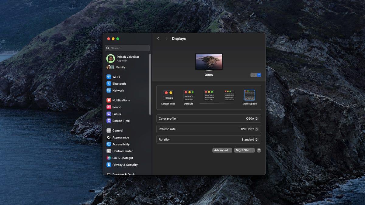Display settings pop-up on macOS