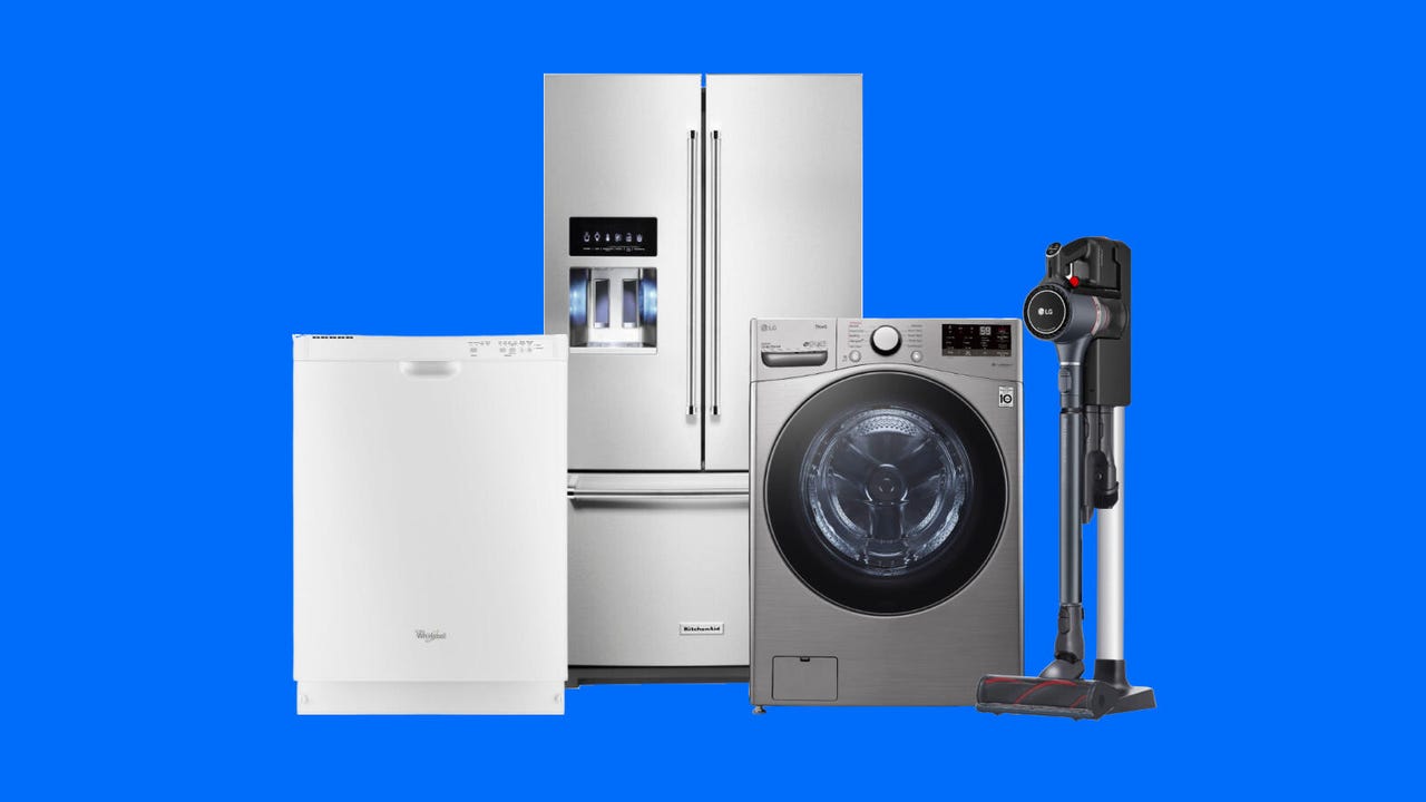 Collage of products featuring Whirlpool dishwasher, LG washer, KitchenAid fridge, and LG vacuum