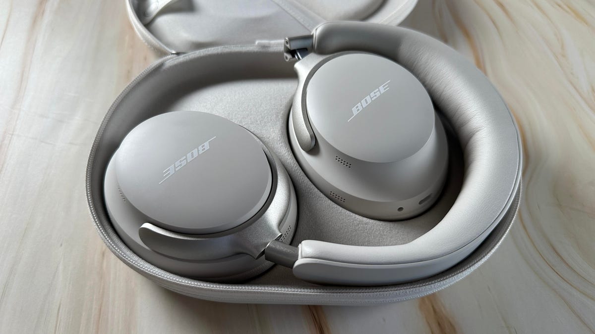 The Bose QC Ultra Headphones have a dual hinge design and fold up and flat