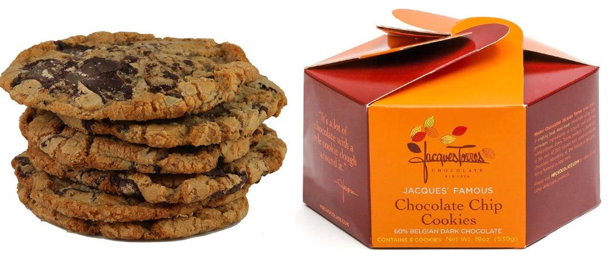 a box of Jacques Torres chocolate chip cookies
