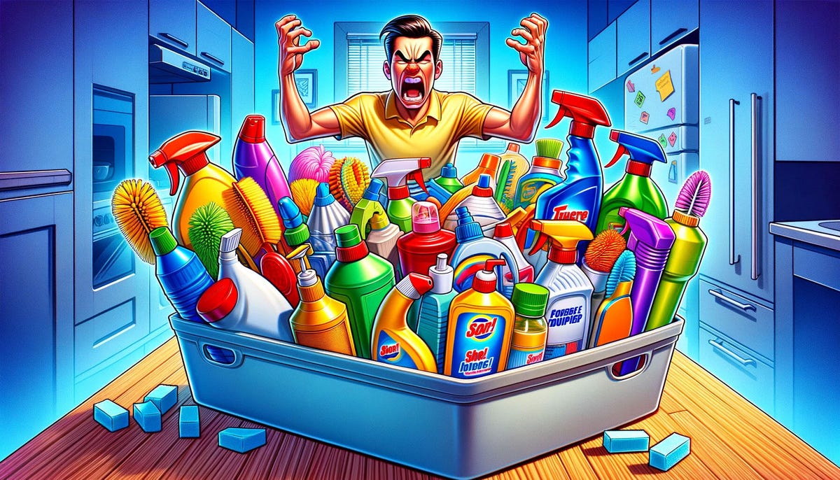 An AI-generated image of a person looking enraged behind an overflowing box of cleaning supplies